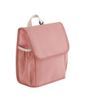 A pink Bags lunch bag features a front flap, side pocket, and white handle on top, displayed against a white background.