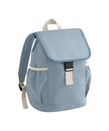 The Bags rucksack is light blue with a front flap, cream handle and strap, side pockets, and a black buckle fastening. Shown on a white background.