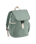 Light green "Bags" rucksack with a front flap secured by a black and white buckle, white trim accents, two side pockets, and an adjustable shoulder strap, shown on a white background.