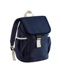 The Bags rucksack, in navy blue with white straps and trim, has a flap fastening with a black buckle and two side pockets. Photographed on a white background.