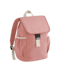 The Bags rucksack in pink features a front flap, white buckle fastening, white top handle, side pockets, and an adjustable strap, displayed against a plain white background.