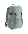 A Bags light green rucksack with black buckles, front zip pocket, two side pockets, adjustable shoulder straps, and a top handle is displayed against a plain white background.