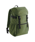 The Bags product is a green rucksack featuring a flap top, black buckle fastenings, a front zipped pocket, side pockets, and adjustable shoulder straps, displayed against a white background.