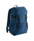 Bags: Blue rucksack with top flap, two black buckle fastenings, front zipped pocket, side pockets, and adjustable shoulder straps shown on a white background.