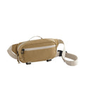 Bags: A tan canvas waist bag featuring a white adjustable strap, top handle, spacious zipped main compartment, and smaller front zip pocket is displayed on a white background.