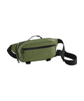 Bags: A green fabric waist bag featuring a black adjustable strap, two zip-fastened compartments, and a top handle, displayed on a plain white background.