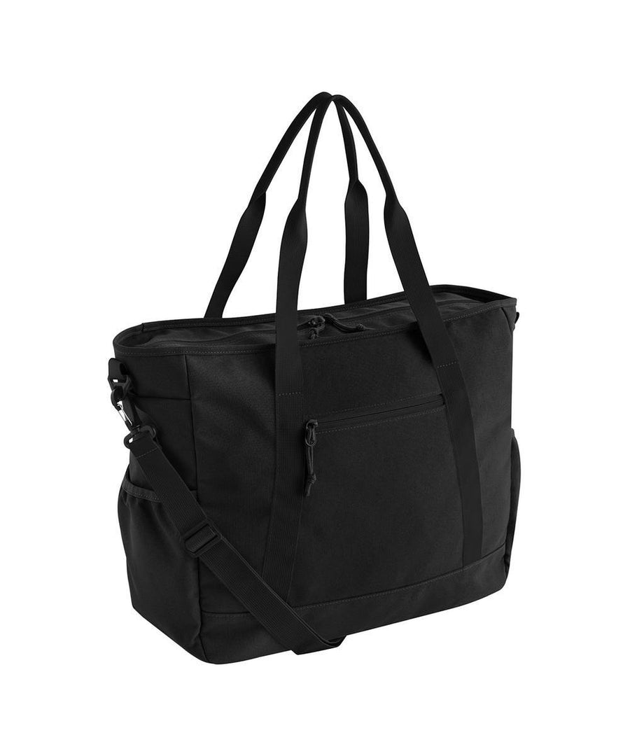 A black Bags tote with dual shoulder straps, detachable crossbody strap, front zip pocket, and zipped main compartment, shown against a white background.