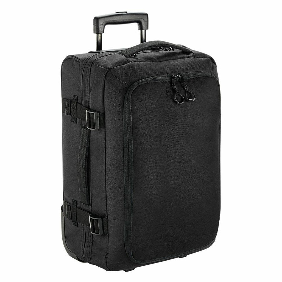 The Bagbase BG481 is a black wheeled suitcase equipped with a telescopic handle, two front pockets, and side straps for securing contents.