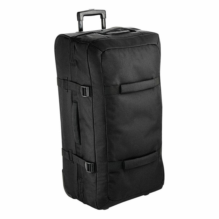 Bagbase BG483 black wheeled suitcase standing upright with a retractable handle.