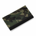 Product BG485 by Bagbase, a camouflage-patterned wallet displayed on a white background. It showcases a blend of green, brown, and black shades and includes a black Velcro strip along the edge.