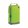 Introducing the Bagbase BG540: a stylish rectangular bag in lime green with a gray bottom and handle. It includes a front zipper pocket, a small side grommet, and a convenient double zipper opening on top.