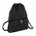 Bagbase BG542 drawstring backpack in black features a front zippered pocket and adjustable strings.