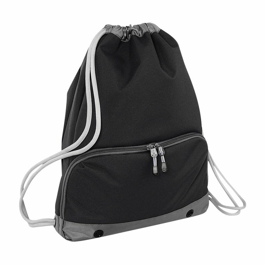 The Bagbase BG542 is a black drawstring backpack with gray trim and white drawstrings, featuring a front zippered pocket and two metal grommets at the bottom.