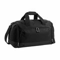 Bagbase's BG544, a sleek black duffel bag featuring a zipper pocket, two handles, and a convenient shoulder strap, is displayed on a plain white backdrop.
