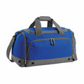 Introducing the BG544 from Bagbase: a stylish duffel bag in blue and gray, featuring a top handle, a side mesh pocket, and a front zipper compartment.