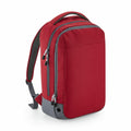 Introducing the BG545 by Bagbase: a red and gray backpack featuring multiple zippered compartments and an adjustable shoulder strap.