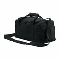 A Bagbase BG560 duffel bag featuring a shoulder strap and multiple zippered compartments, available in black.