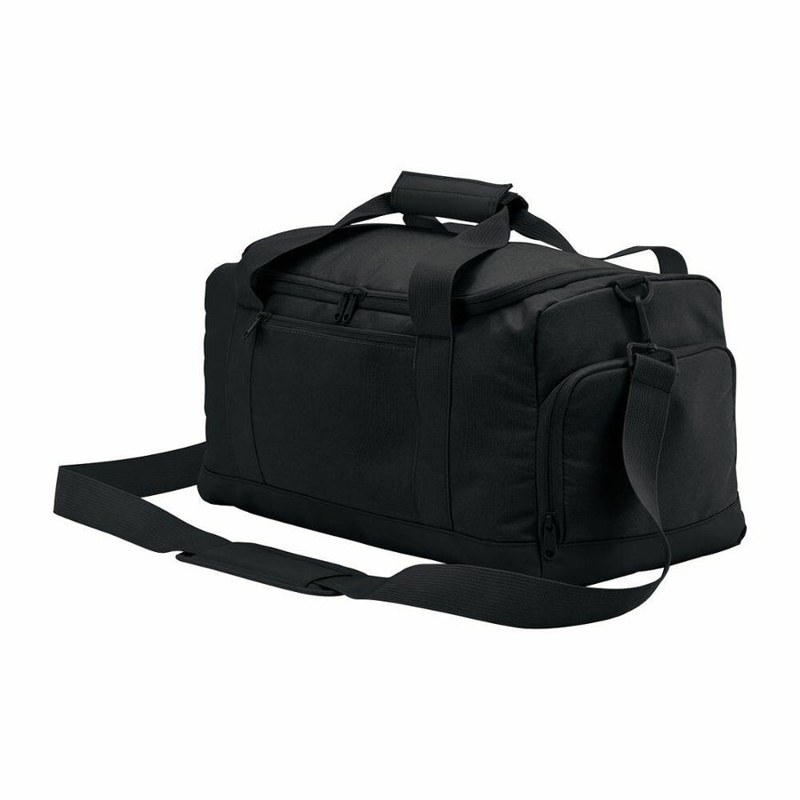 A Bagbase BG560 duffel bag featuring a shoulder strap and multiple zippered compartments, available in black.