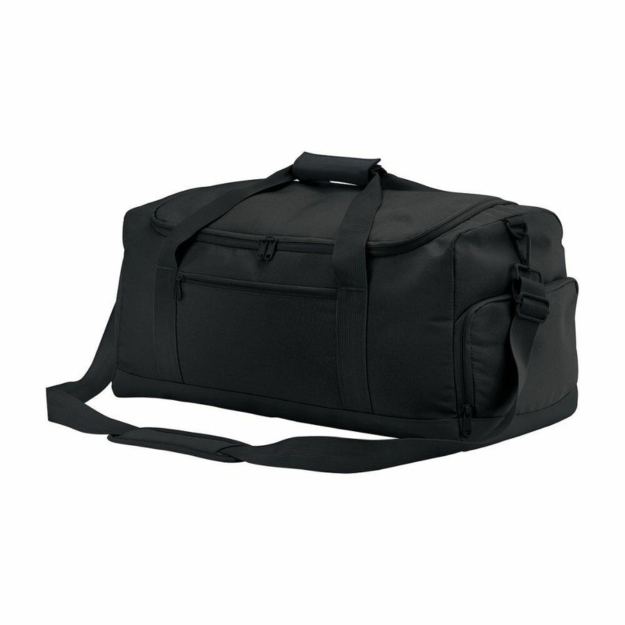 The Bagbase BG561 is a black duffel bag featuring a large main compartment, side pockets, and a shoulder strap.