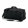 A Bagbase BG562 black duffel bag featuring a shoulder strap and zippered front pocket, displayed on a white background.