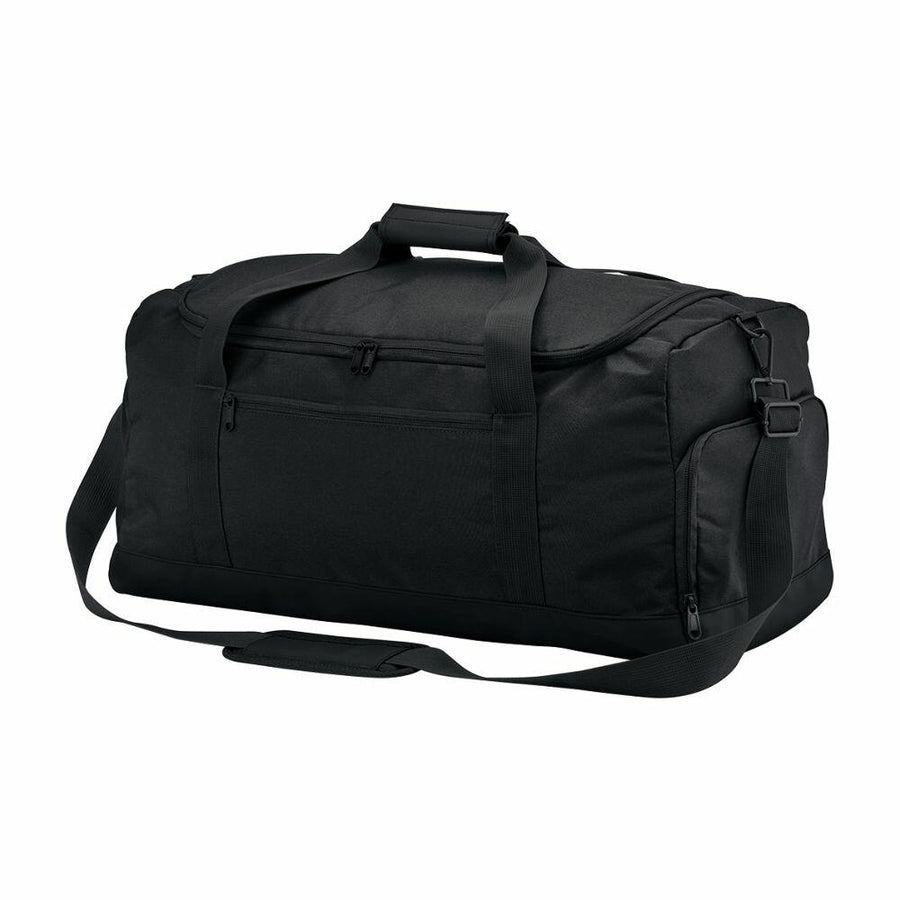 A Bagbase BG562 black duffel bag featuring a shoulder strap and zippered front pocket, displayed on a white background.