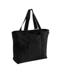 The Bags tote is large and black with dual shoulder straps, a front zipped pocket, and a solid base, shown against a plain white background.