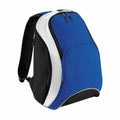 Introducing the BG571 by Bagbase: a backpack featuring a combination of blue, black, and white colors, designed with multiple zippered compartments and adjustable straps.