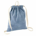 Introducing the Bagbase BG642: a blue drawstring backpack featuring beige straps and a convenient handle at the top.