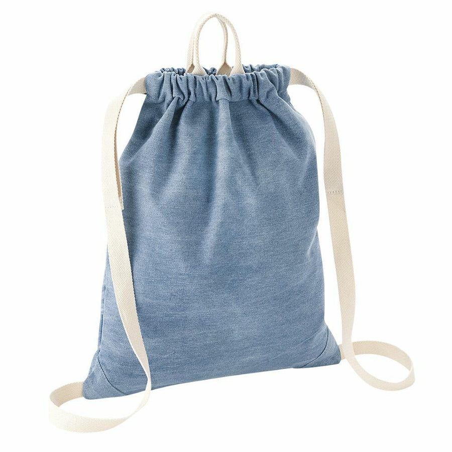 Introducing the Bagbase BG642: a blue drawstring backpack featuring beige straps and a convenient handle at the top.
