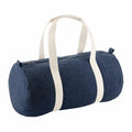 A cylindrical navy blue BG646 duffel bag by Bagbase, featuring white handles and a zipper closure.
