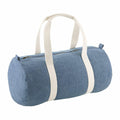 A Bagbase BG646 cylindrical duffel bag in blue, featuring white handles and a zipper closure.