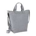 The Bagbase BG673 is a gray canvas tote bag featuring a shoulder strap and two handles.