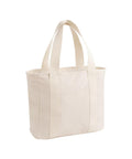 Bags: A beige canvas tote bag with two sturdy handles and a small front pocket, shown on a white background.