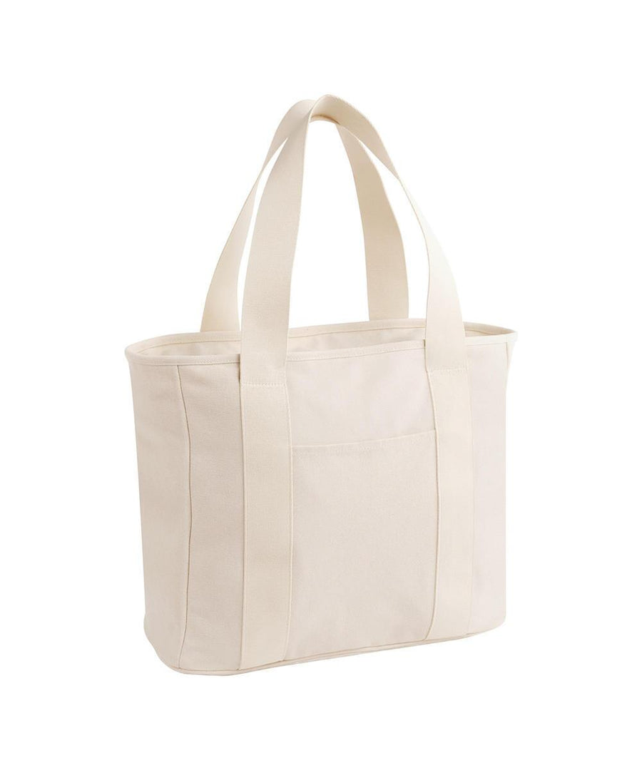 Bags: A beige canvas tote bag with two sturdy handles and a small front pocket, shown on a white background.