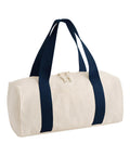 The Bags product is a rectangular beige canvas duffle bag featuring two wide navy blue handles and a drawstring top fastening. Its design is plain with no visible logos or patterns.