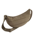 A crescent-shaped light brown Bags crossbody with a zip-fastening closure and adjustable strap, shown against a white background.