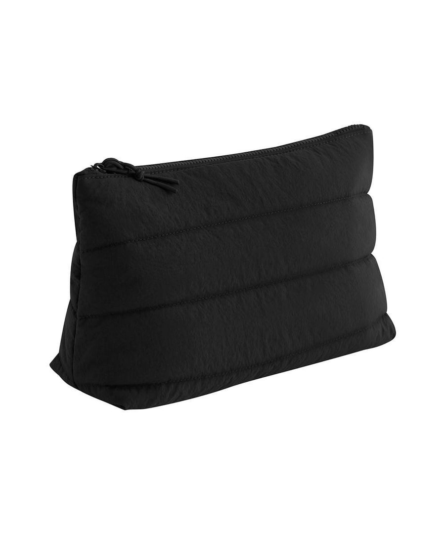 A black rectangular quilted Bags pouch features horizontal stitching and a top zip fastening, displayed against a white background.