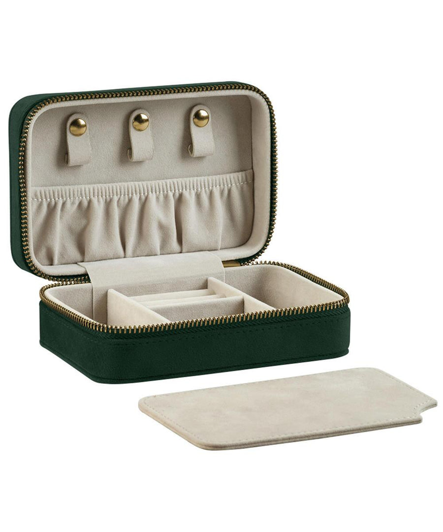 A green and beige zippered Bags jewellery box is open, displaying ring slots, compartments, hooks for jewellery, and a removable beige insert in front.