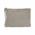 A Bagbase BG715 suede zipper pouch in light gray with a gold zipper pull, showcased against a white background.