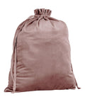 The Bags product is a large, pink velvet drawstring bag shown upright with its top pulled tight. The fabric is plush, soft, and has a slight sheen.