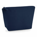 The BG724 by Bagbase is a navy blue zippered pouch featuring a simple, minimalist design. It is shown standing upright against a white background, highlighting its smooth texture and triangular shape.