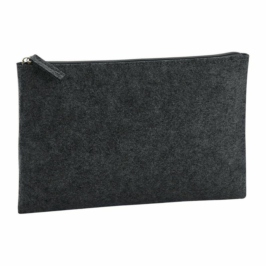 Product Description: Bagbase's BG725 is a sleek, dark grey felt zippered pouch set against a simple white background.