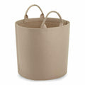 The BG728 by Bagbase is a large, round beige fabric storage basket featuring two sturdy handles on each side. It stands upright and is perfect for organizing or carrying various items.