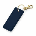 Introducing the Bagbase BG744: a rectangular keychain in a striking blue color, featuring a gold keyring and clasp.