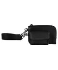 The Bags wristlet in black has a detachable strap, a zippered back compartment, and a front pouch with a flap fastening.