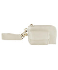 A cream-coloured wristlet pouch from Bags with a gold zip and clasp, a front flap pocket with press-stud fastening, and a wide matching wrist strap.