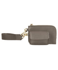 Bags: This taupe wristlet features a detachable strap, a small flap-fastening pouch, and a larger zipped pouch, both joined by gold-tone metal clasps.