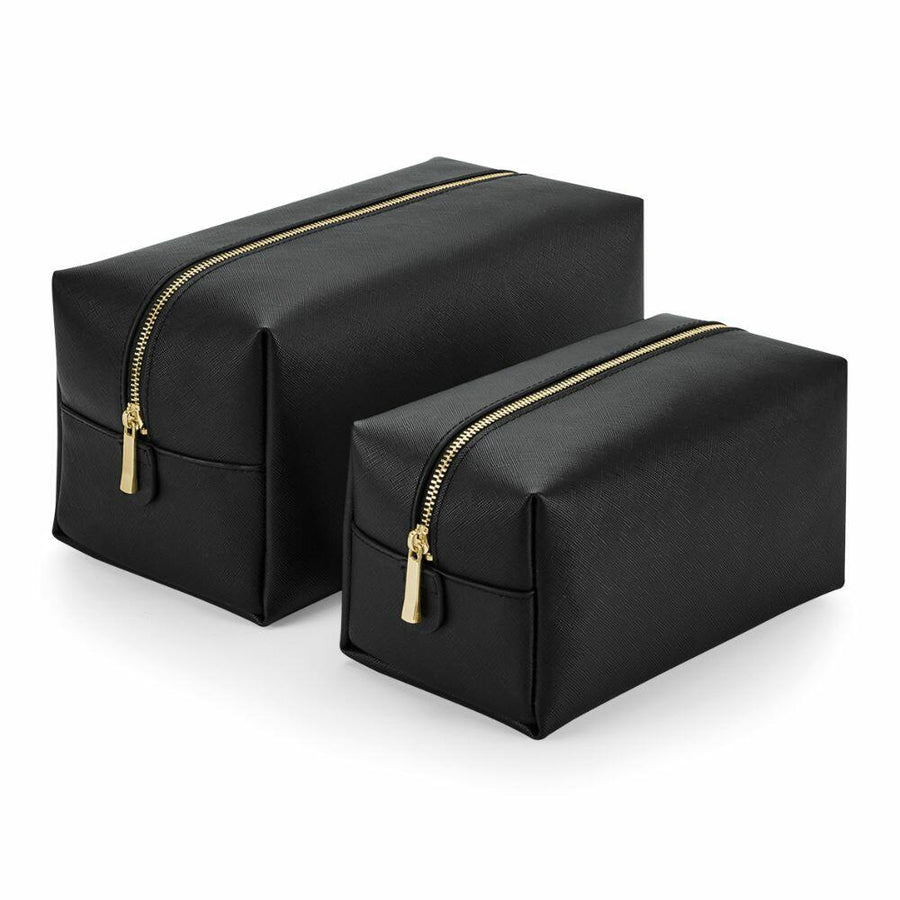 Two Bagbase BG749 toiletry bags, one larger and one smaller, feature gold zippers and are side by side on a white background.