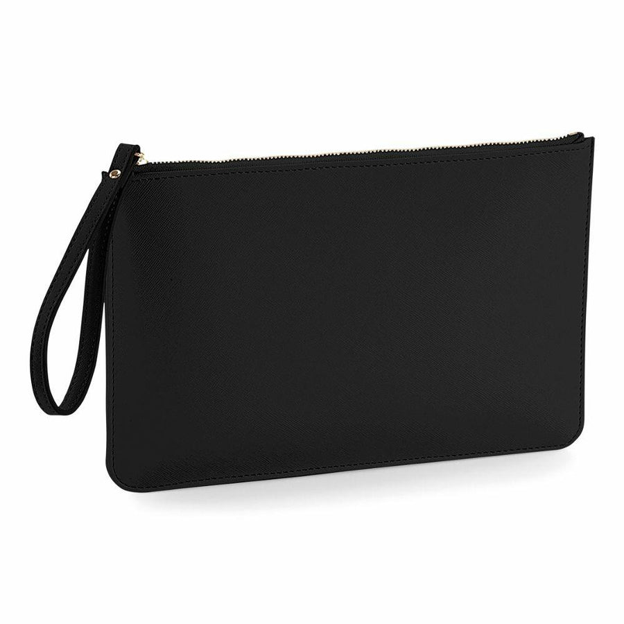 A Bagbase BG750 black clutch purse featuring a zippered closure and a wrist strap on the top left corner.