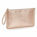 Introducing the Bagbase BG750, a gleaming rose gold clutch purse complete with a convenient wrist strap. This purse boasts a sleek, textured finish and is secured with a zip closure.